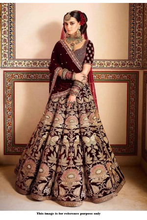 Indian Bridal Wear - Sabyasachi Inspired Maroon Velvet Zardozi Lehenga – B  Anu Designs