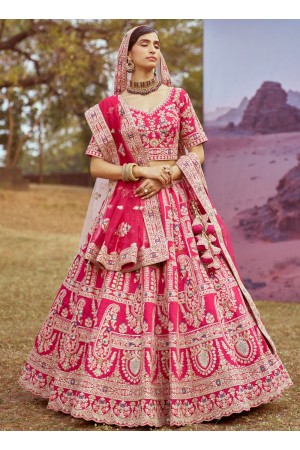 Rani Pink Silk embroidered bridal lehenga choli with double dupatta