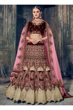 Maroon color velvet wedding lehenga choli