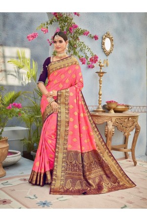 Pink and wine color banarasi silk wedding saree