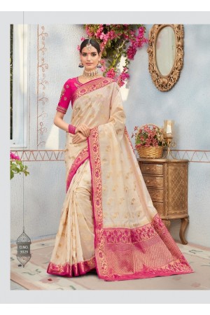 White and Pink color banarasi silk wedding saree