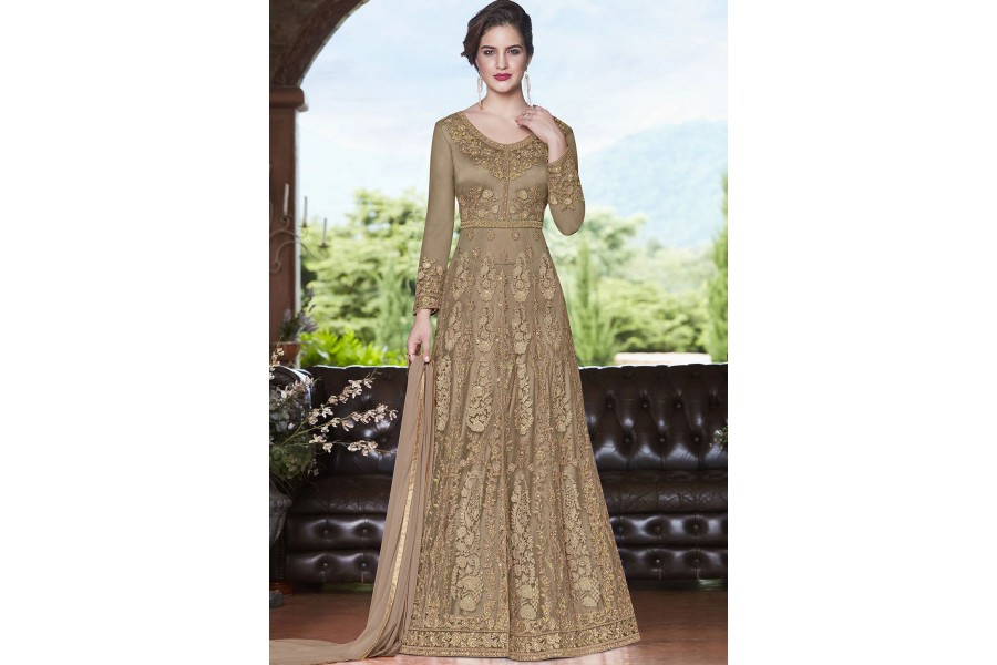 Beige Net Indian Wedding Wear Anarkali Suit 4508