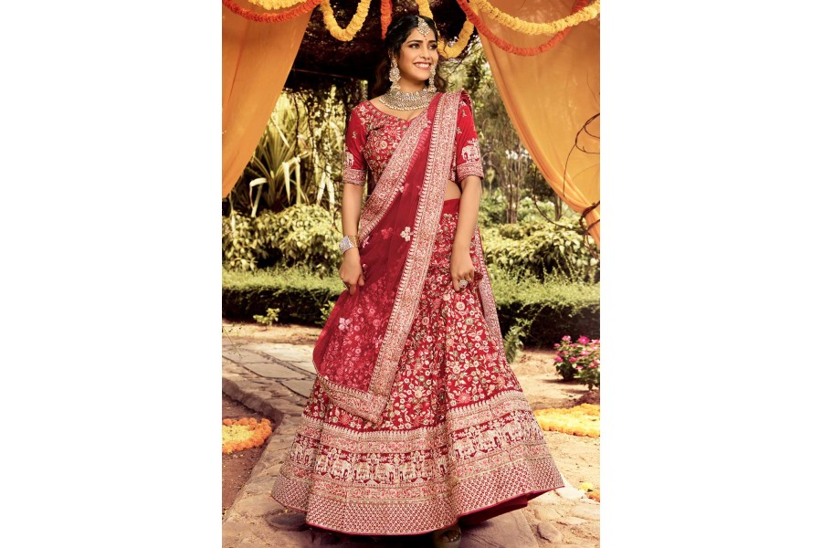 Buy Rose Pink Bridal Lehenga In Raw Silk With Heavy Embroidery - NOOR 2022