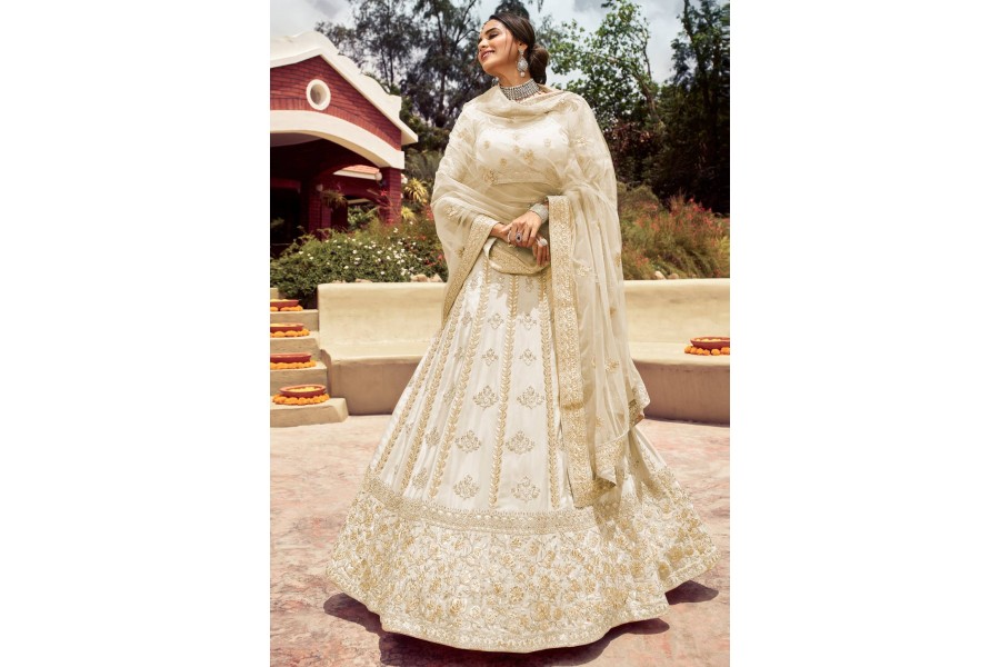 Off White Crepe Embroidered Work Lehenga Choli 7124