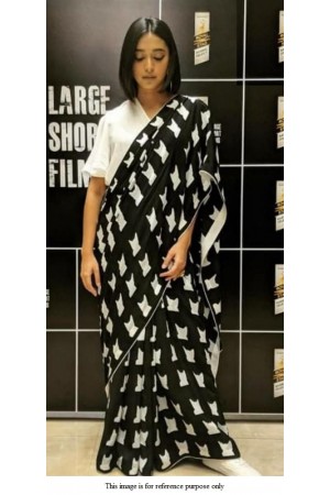 Irresistible Assam silk saree with Hand Block Print in White and Black Color