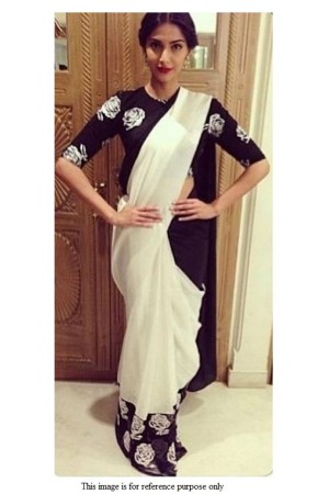 Bollywood Sonam Kapoor Off white and black georgette saree