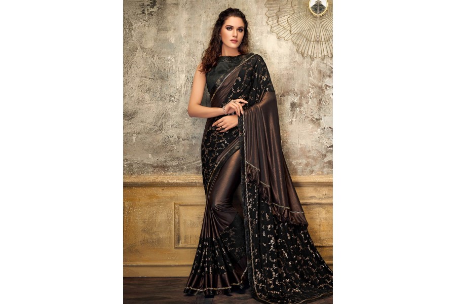 Brown Thread,embroidered Lycra Party Wear Saree - SR23306