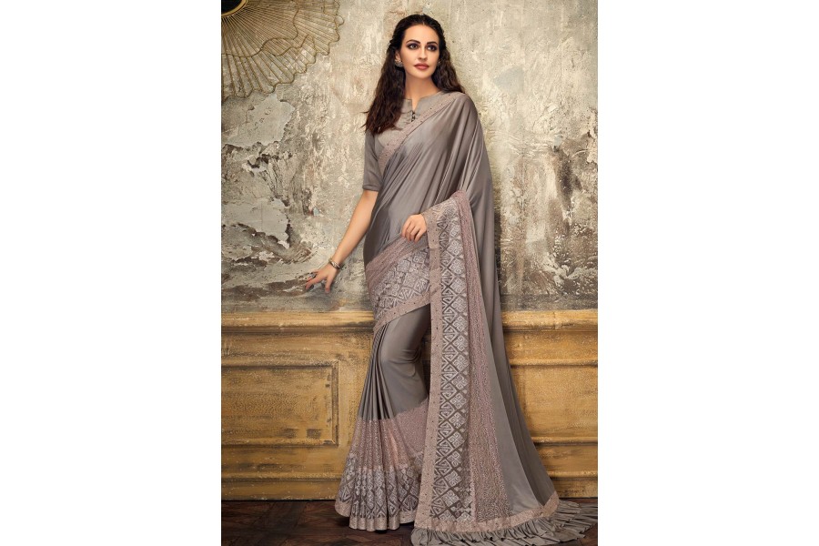 Gray lycra saree with blouse 11224