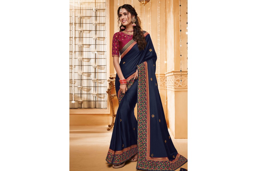 Navy blue silk saree with blouse 2301