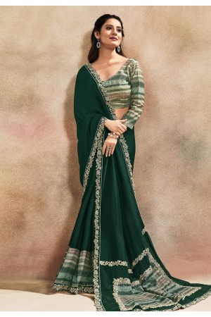 Sea green satin silk plain saree with designer blouse 42005