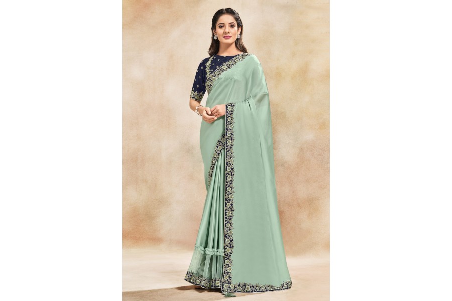 Sea green satin silk plain saree with designer blouse 42005