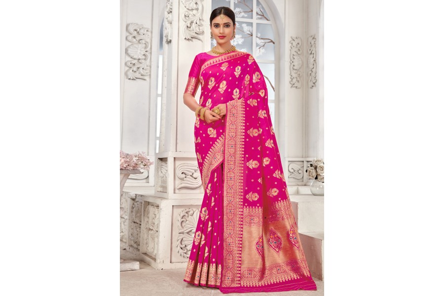 Buy Magenta Banarasi Satin Silk Saree For Women Online