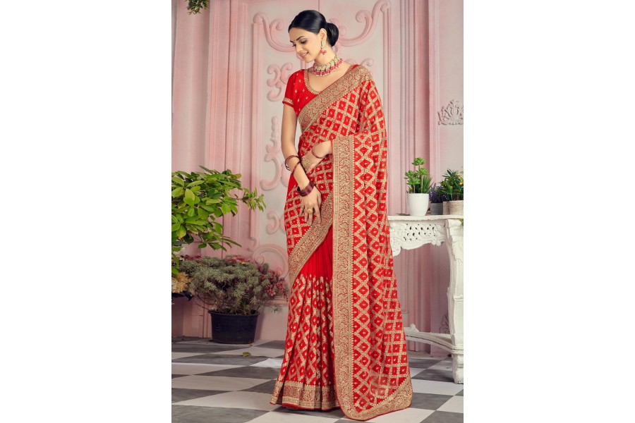 Gota Patti Embroidered Red Georgette Saree 4190SR08