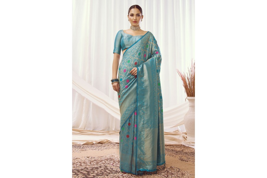 AldwychDesigner Silk Banarasi Kanjivaram Saree With Blouse (Blue) :  Amazon.in: Fashion