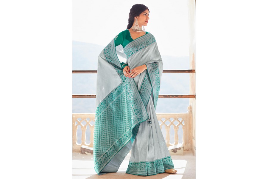 Natural Grey and Blue Banarasi Patola Saree – MySilkLove