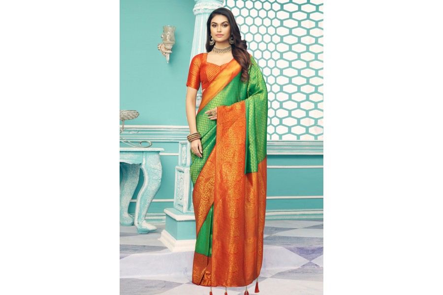 ORANGE SAREE WITH GREEN BLOUSE BANARASI SAREE