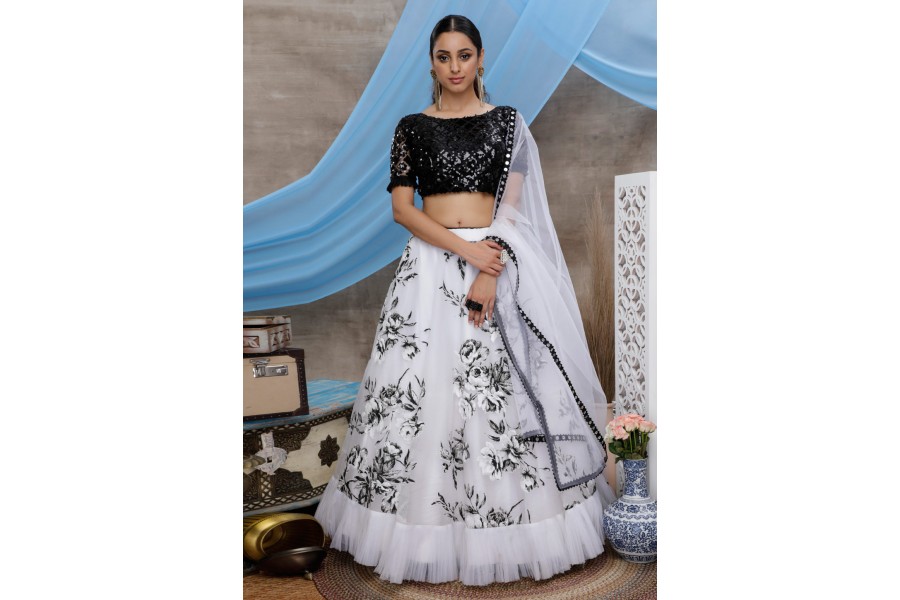 White and Black Georgette Party Look Thread Work Lehenga – BharatSthali