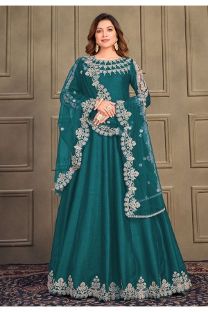 Teal art silk abaya style anarkali suit 10061