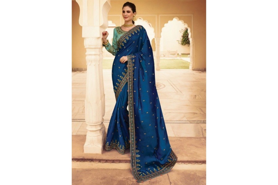 Buy Royal Blue Barfi Silk Indian Designer Saree In Uk Usa And Canada 7351