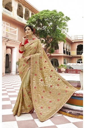 Beige crepe silk plain saree with designer blouse 42009