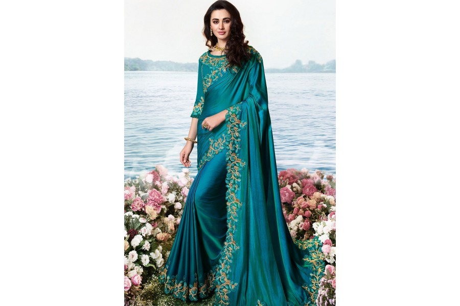 blue satin silk heavy embroidered saree 6202