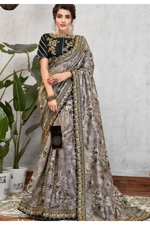 grey silk digital printed embroidered saree 11417