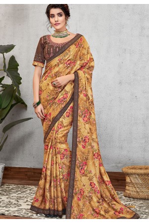 mustard silk georgette printed embroidered saree 11415