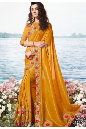 orange satin silk heavy embroidered saree 6212