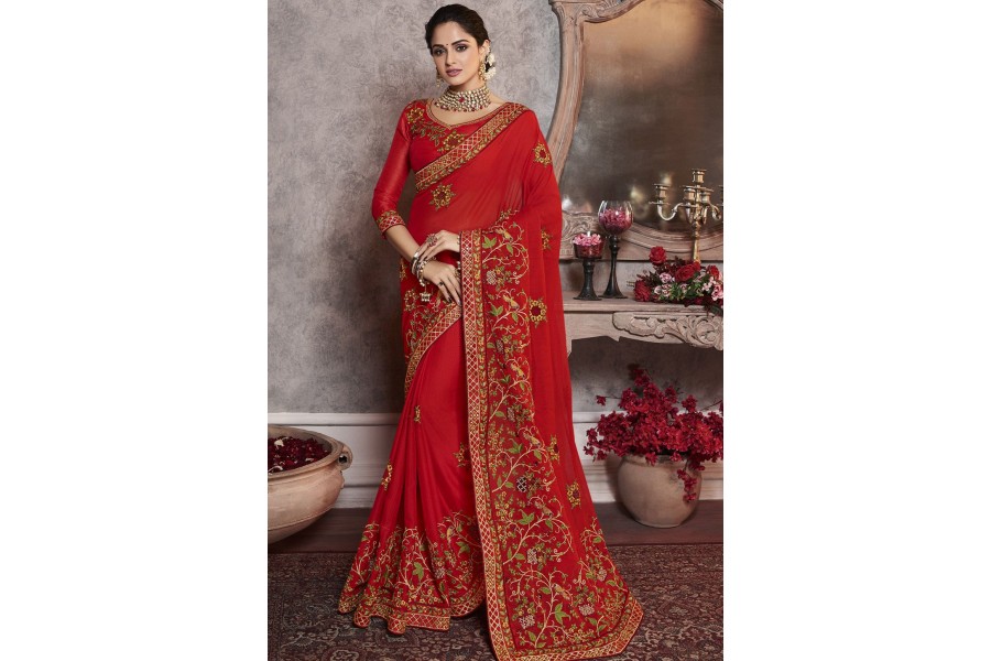 Red Art Silk Embroidered Party Wear Saree 2161 8929