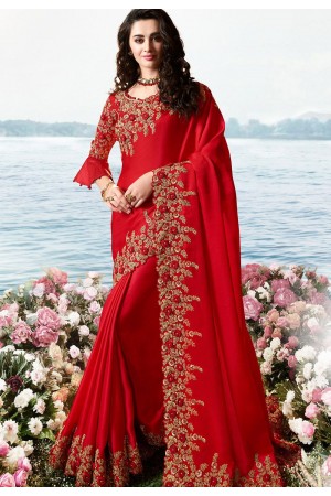 red satin silk heavy embroidered saree 6204
