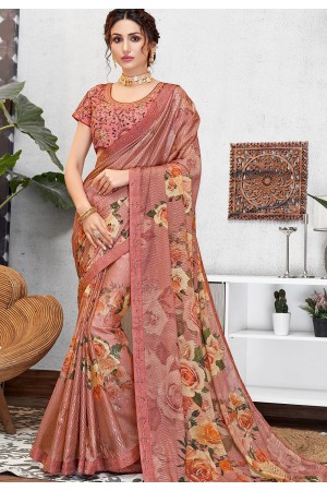 traditional pink silk georgette printed embroidered saree 11413