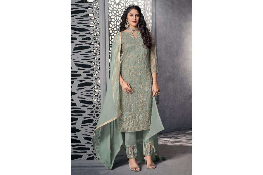 Sea green net embroidered pant style suit 1007