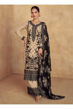 Chinnon silk embroidered Pakistani style palazzo suit in Beige colour 10070