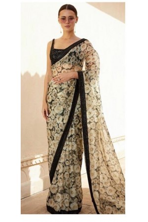 Grey And Black Floral Saree In Georgette