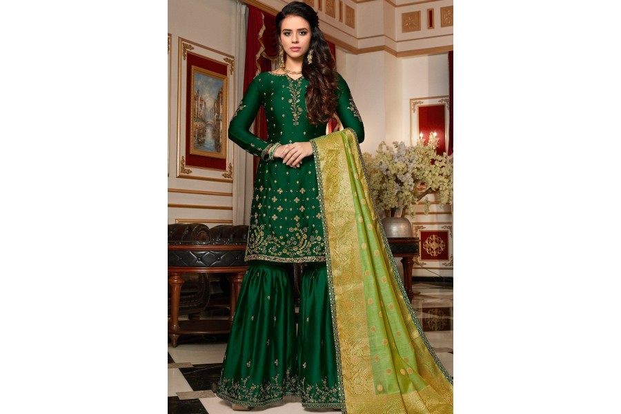 Dark Green Designer Satin Georgette Embroidered Sharara Style Pakistani Suit 4512 