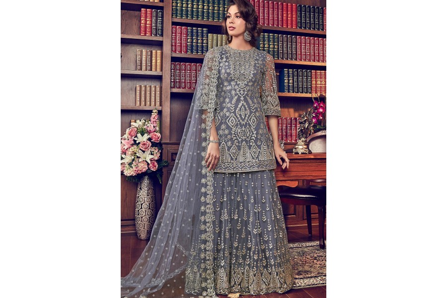 Grey Shade Butterfly Net Embroidered Sharara Style Pakistani Suit 6008