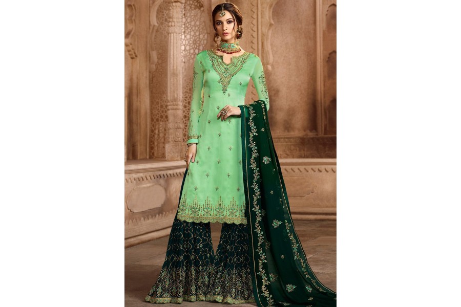 Sea Green Satin Georgette Embroidered Sharara Style Pakistani Suit 46074 