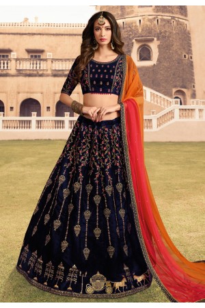 navy blue velvet embroidered lehenga choli 1010