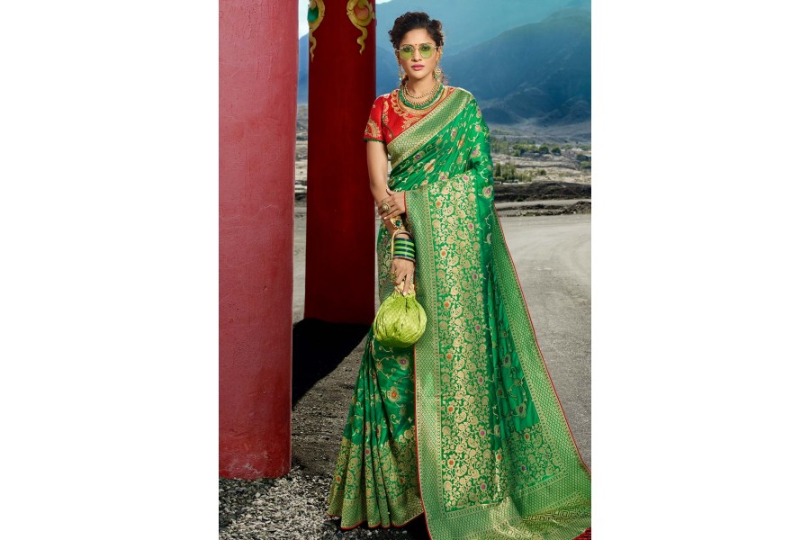 Green Silk Embroidered Festival Wear Saree 13269 