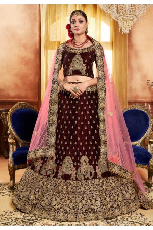 brown velvet embroidered lehenga choli 3006