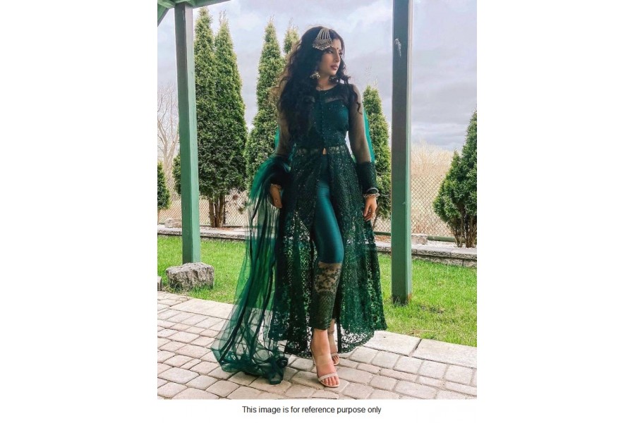 Buy Bollywood Model Green net front slit open suit in UK, USA and Canada