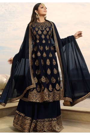 blue net embroidered straight trouser suit 36006