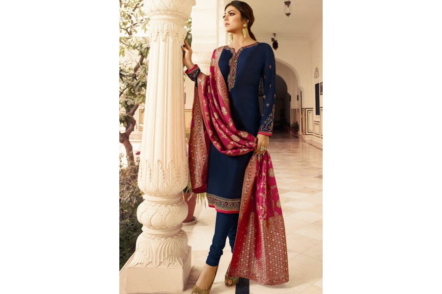 drashti dhami navy blue satin georgette straight churidar bollywood suit  4001