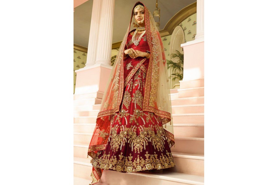 Buy Maroon and red color silk shaded bridal lehenga choli in UK, USA ...