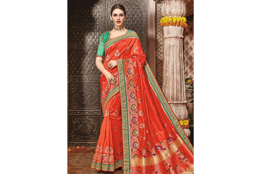 Orange Pure Banarasi Silk Wedding Saree 1219 2054