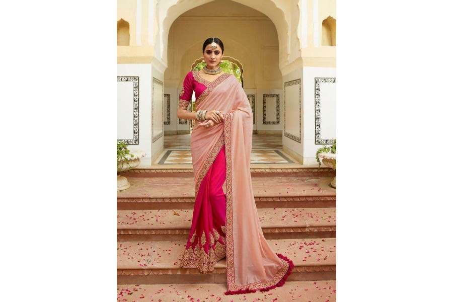 Blush Pink Half N Half Silk Indian Wedding Wear Saree 5003