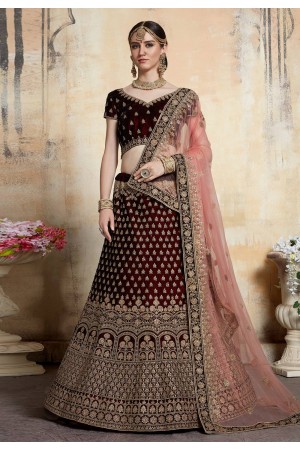 Maroon velvet embroidered circular lehenga choli 3201