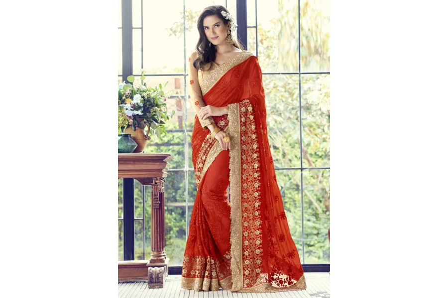 Red Colored Embroidered Faux Georgette Partywear Saree 1505 5999