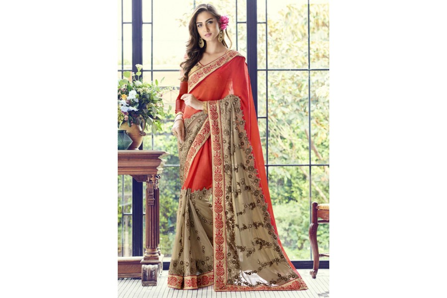 Red Colored Embroidered Faux Georgette Partywear Saree 1508 7826