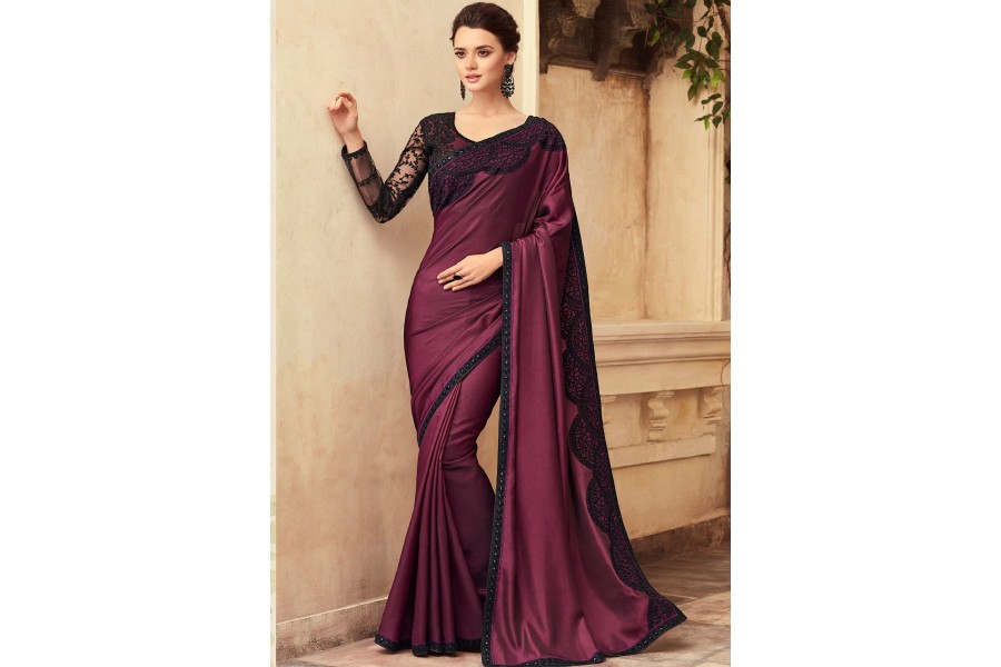 Purple Satin Georgette Party Wear Saree With Border 22011